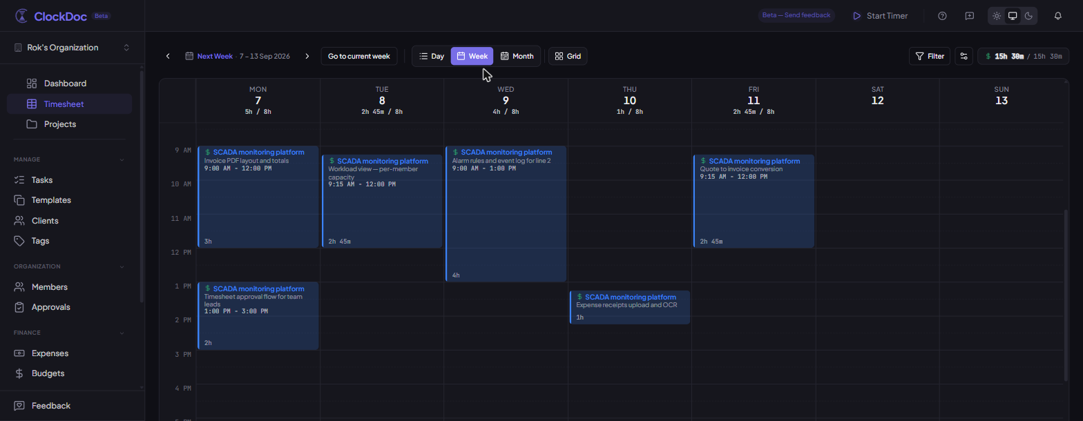The week view — entries, durations and daily totals against target hours.