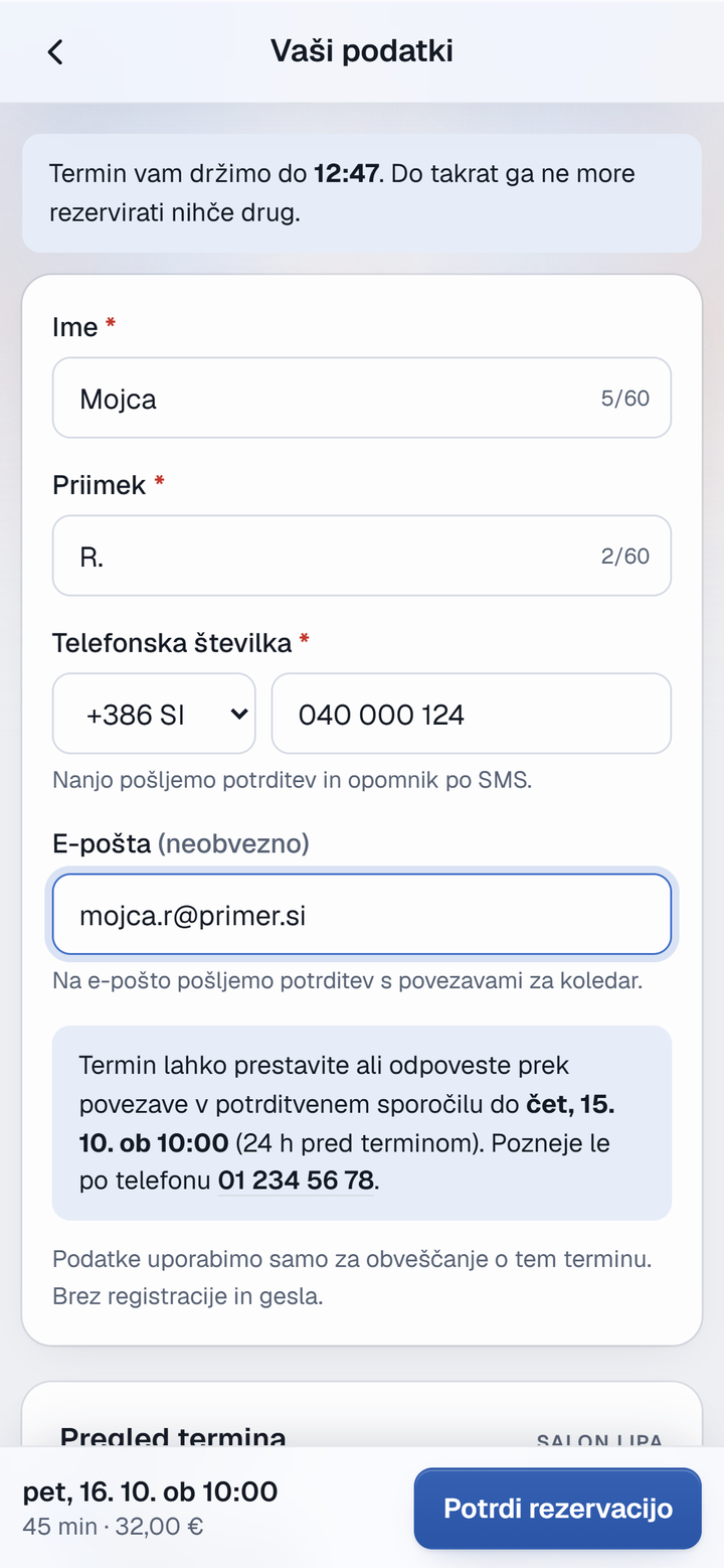 In vpiše ime in telefon.