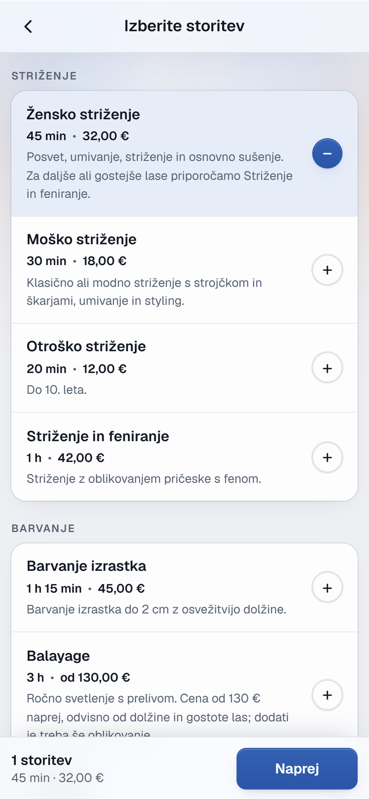Stranka izbere storitev.