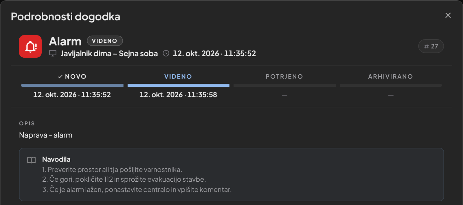 Detajl A. Posamezen dogodek: njegova stanja, navodila za to napravo in gumb za potrditev.
