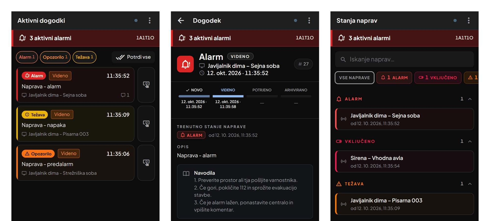 Detajl C. Aktivni dogodki, posamezen dogodek in stanja naprav na telefonu.